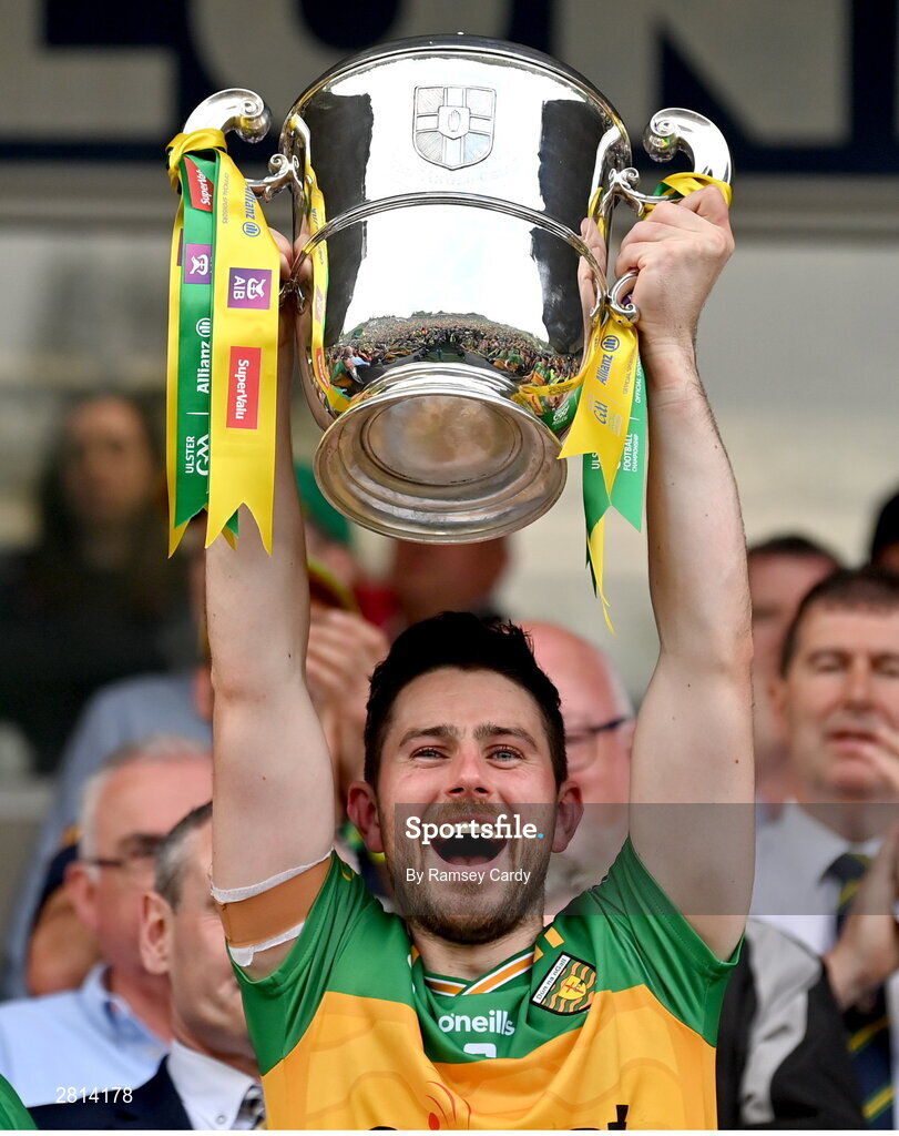 12 May 2024; Ryan McHugh of Donegal lifts the Anglo Celt Cup the Ulster GAA Football Senior Championship final match between Armagh and Donegal at St Tiernach's Park in Clones, Monaghan. Photo by Ramsey Cardy/Sportsfile