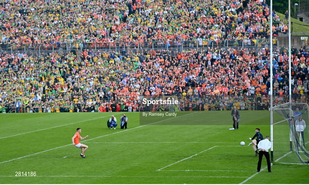 12 May 2024; Donegal goalkeeper Shaun Patton saves a penalty by Shane McPartlan of Armagh during the Ulster GAA Football Senior Championship final match between Armagh and Donegal at St Tiernach's Park in Clones, Monaghan. Photo by Ramsey Cardy/Sportsfile