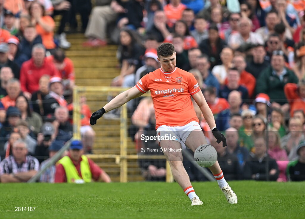 12 May 2024; Tiernan Kelly of Armagh kicks a free wide, in injury time of the second half of normal time, during the Ulster GAA Football Senior Championship final match between Armagh and Donegal at St Tiernach's Park in Clones, Monaghan. Photo by Piaras Ó Mídheach/Sportsfile