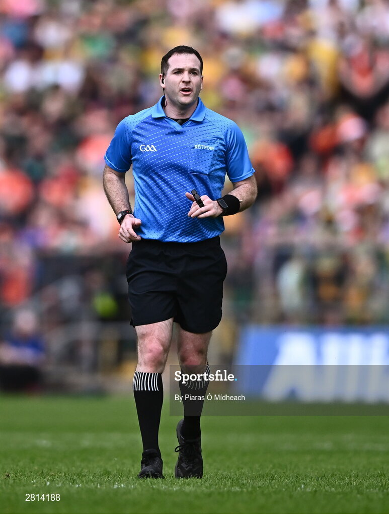 12 May 2024; Referee Martin McNally during the Ulster GAA Football Senior Championship final match between Armagh and Donegal at St Tiernach's Park in Clones, Monaghan. Photo by Piaras Ó Mídheach/Sportsfile
