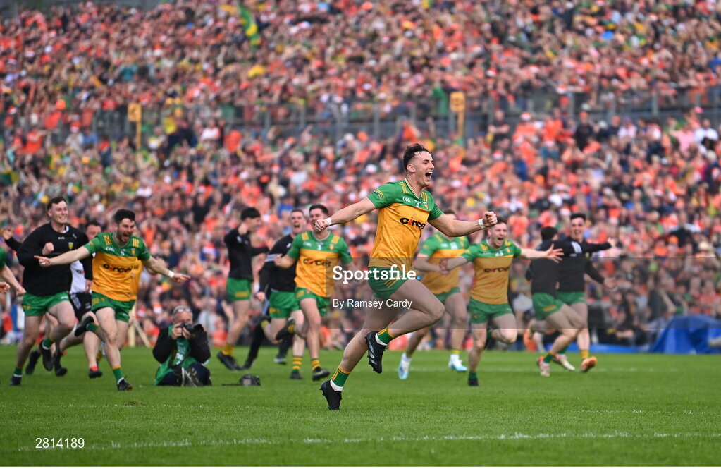 12 May 2024; Donegal players celebrate winning the penalty shoot-out after the Ulster GAA Football Senior Championship final match between Armagh and Donegal at St Tiernach's Park in Clones, Monaghan. Photo by Ramsey Cardy/Sportsfile