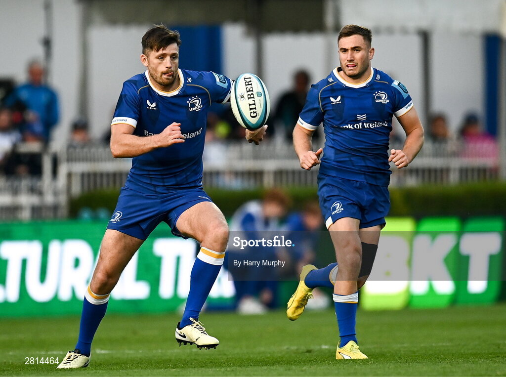 11 May 2024; Ross Byrne and Jordan Larmour of Leinster during the United Rugby Championship match between Leinster and Ospreys at the RDS Arena in Dublin. Photo by Harry Murphy/Sportsfile