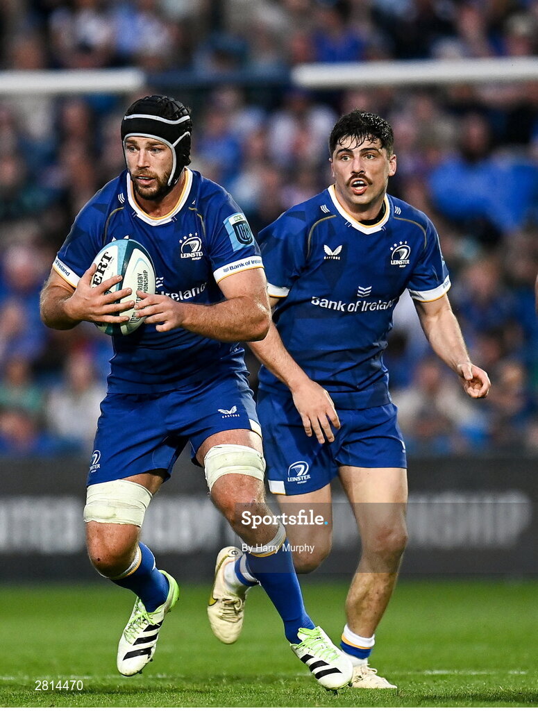 11 May 2024; Caelan Doris and Jimmy O'Brien of Leinster during the United Rugby Championship match between Leinster and Ospreys at the RDS Arena in Dublin. Photo by Harry Murphy/Sportsfile