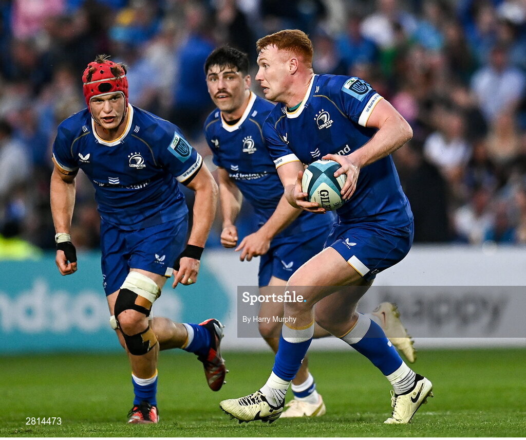 11 May 2024; Leinster players, from right, Ciarán Frawley, Jimmy O'Brien and Josh van der Flier during the United Rugby Championship match between Leinster and Ospreys at the RDS Arena in Dublin. Photo by Harry Murphy/Sportsfile