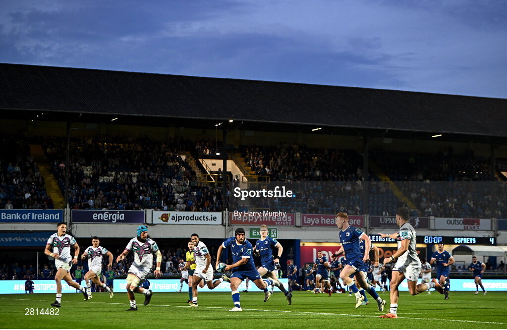 11 May 2024; A general view of match action during the United Rugby Championship match between Leinster and Ospreys at the RDS Arena in Dublin. Photo by Harry Murphy/Sportsfile