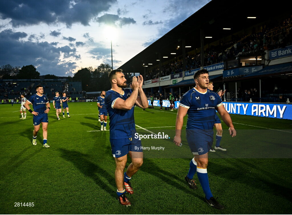 11 May 2024; Rónan Kelleher and Thomas Clarkson of Leinster after their side's victory in the United Rugby Championship match between Leinster and Ospreys at the RDS Arena in Dublin. Photo by Harry Murphy/Sportsfile