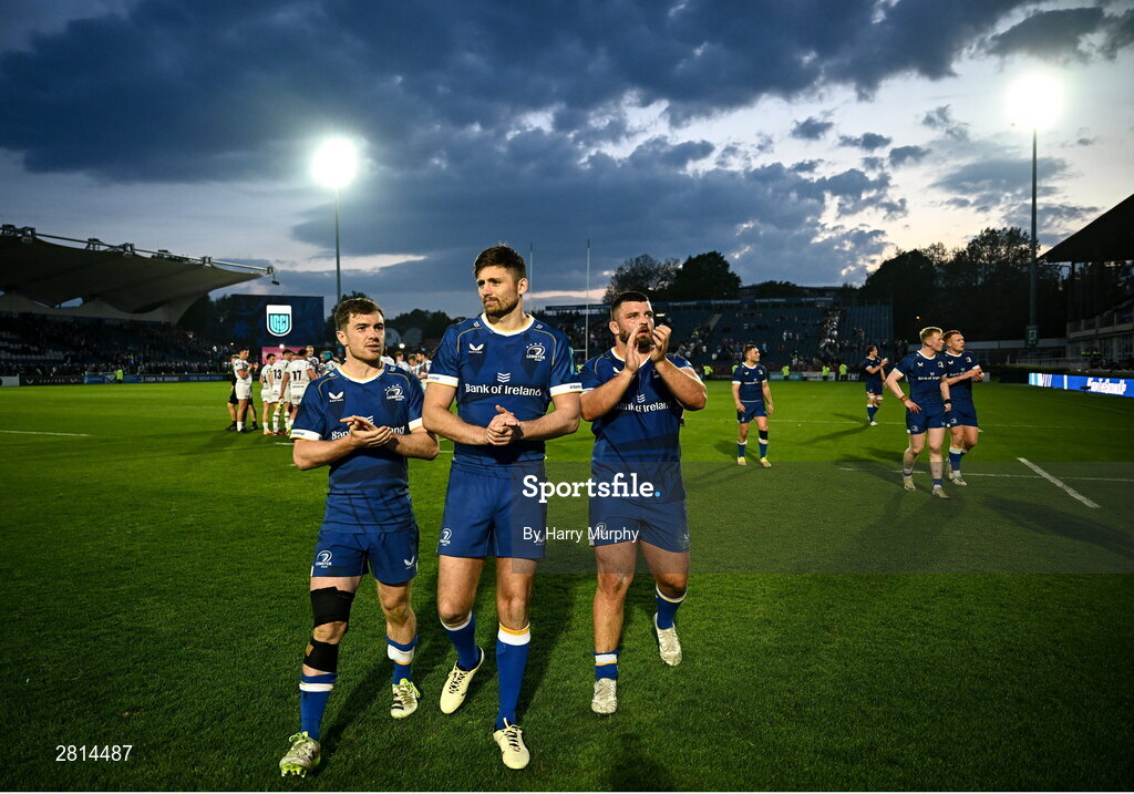 11 May 2024; Leinster players, from left, Luke McGrath, Ross Byrne and Michael Milne after their side's victory in the United Rugby Championship match between Leinster and Ospreys at the RDS Arena in Dublin. Photo by Harry Murphy/Sportsfile