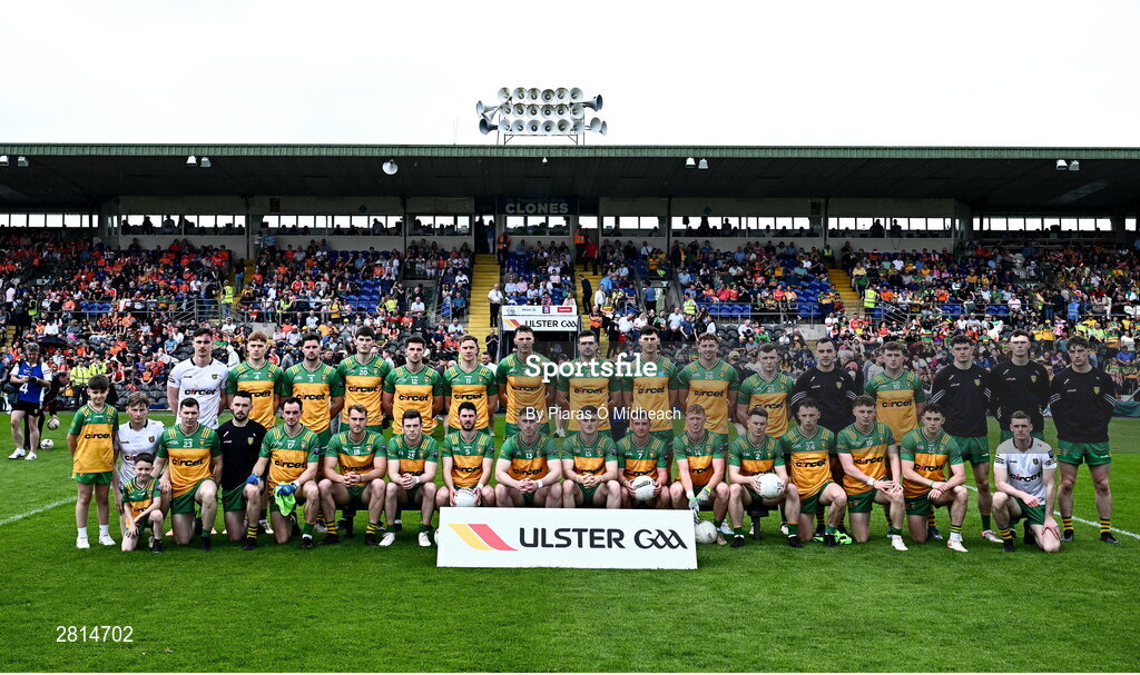 12 May 2024; The Donegal squad before the Ulster GAA Football Senior Championship final match between Armagh and Donegal at St Tiernach's Park in Clones, Monaghan. Photo by Piaras Ó Mídheach/Sportsfile