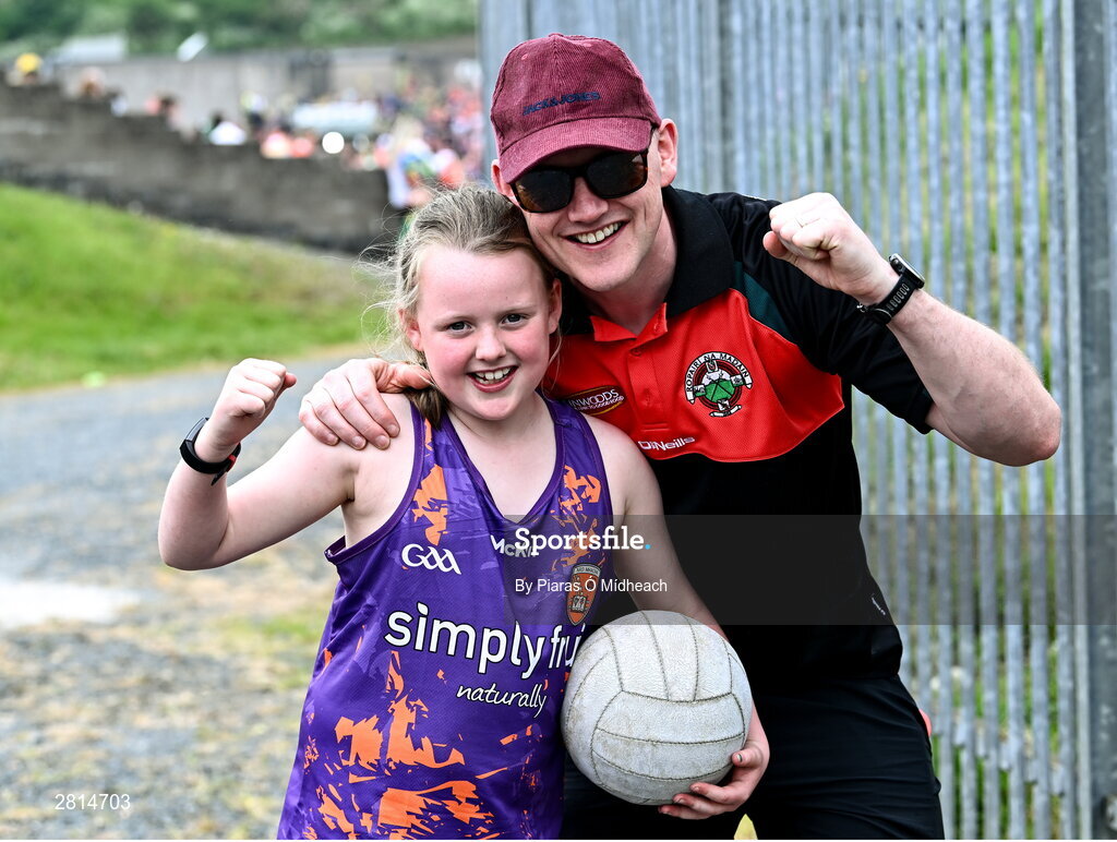 12 May 2024; Armagh supporters Chris and Neansaí O'Neill, from Madden, at the Ulster GAA Football Senior Championship final match between Armagh and Donegal at St Tiernach's Park in Clones, Monaghan. Photo by Piaras Ó Mídheach/Sportsfile