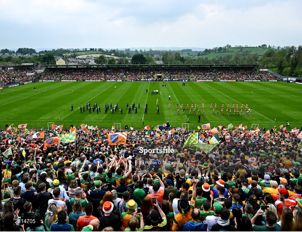 12 May 2024; The parade before the Ulster GAA Football Senior Championship final match between Armagh and Donegal at St Tiernach's Park in Clones, Monaghan. Photo by Piaras Ó Mídheach/Sportsfile