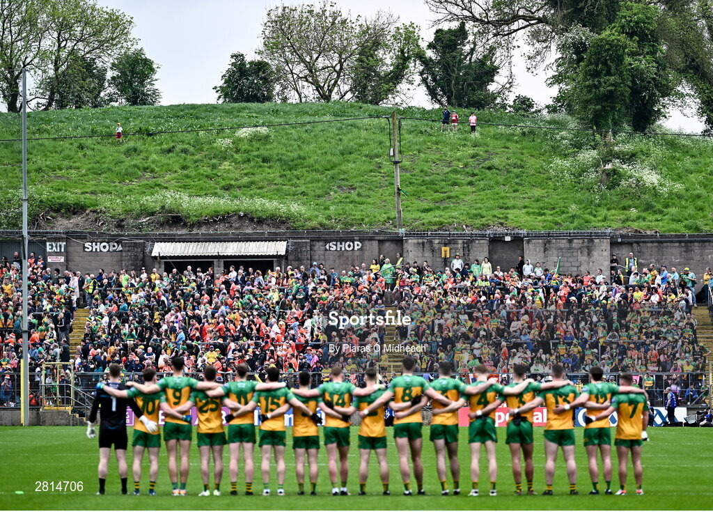 12 May 2024; Donegal players stand for Amhrán na bhFiann before the Ulster GAA Football Senior Championship final match between Armagh and Donegal at St Tiernach's Park in Clones, Monaghan. Photo by Piaras Ó Mídheach/Sportsfile