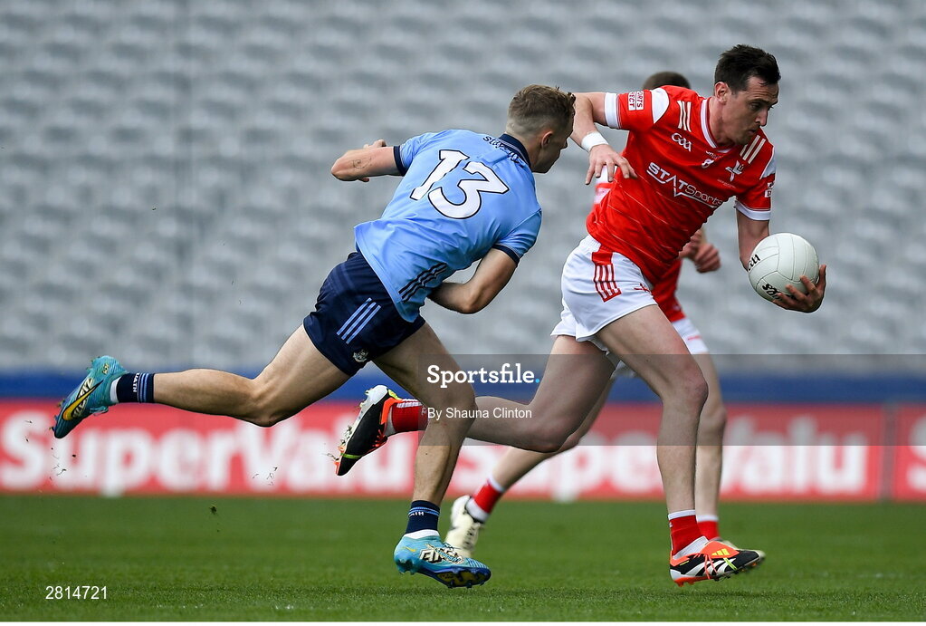 12 May 2024; Tommy Durnin of Louth in action against Paul Mannion of Dublin during the Leinster GAA Football Senior Championship final match between Dublin and Louth at Croke Park in Dublin. Photo by Shauna Clinton/Sportsfile