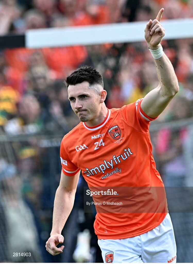 12 May 2024; Shane McPartlan of Armagh celebrates after scoring a penalty in the penalty shoot-out of the Ulster GAA Football Senior Championship final match between Armagh and Donegal at St Tiernach's Park in Clones, Monaghan. Photo by Piaras Ó Mídheach/Sportsfile