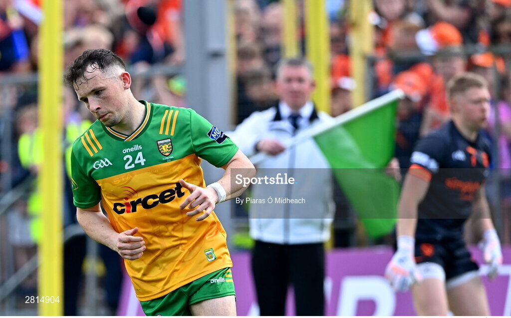 12 May 2024; Aaron Doherty of Donegal after scoring a penalty in the penalty shoot-out of the Ulster GAA Football Senior Championship final match between Armagh and Donegal at St Tiernach's Park in Clones, Monaghan. Photo by Piaras Ó Mídheach/Sportsfile