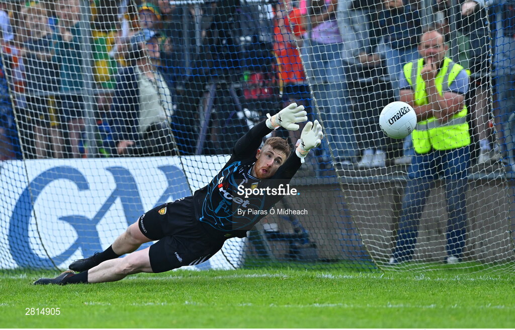 12 May 2024; Donegal goalkeeper Shaun Patton is beaten for a goal from a penalty from Shane McPartlan of Armagh in the penalty shoot-out of the Ulster GAA Football Senior Championship final match between Armagh and Donegal at St Tiernach's Park in Clones, Monaghan. Photo by Piaras Ó Mídheach/Sportsfile