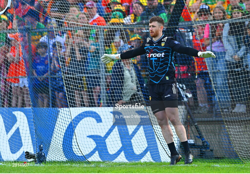 12 May 2024; Donegal goalkeeper Shaun Patton during the penalty shoot-out of the Ulster GAA Football Senior Championship final match between Armagh and Donegal at St Tiernach's Park in Clones, Monaghan. Photo by Piaras Ó Mídheach/Sportsfile