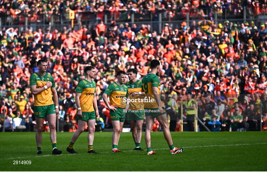 12 May 2024; Donegal penalty takers, from left, Jason McGee, Ciarán Thompson, Aaron Doherty, Daire O Baoill and Michael Langan during the penalty shoot-out of the Ulster GAA Football Senior Championship final match between Armagh and Donegal at St Tiernach's Park in Clones, Monaghan. Photo by Piaras Ó Mídheach/Sportsfile
