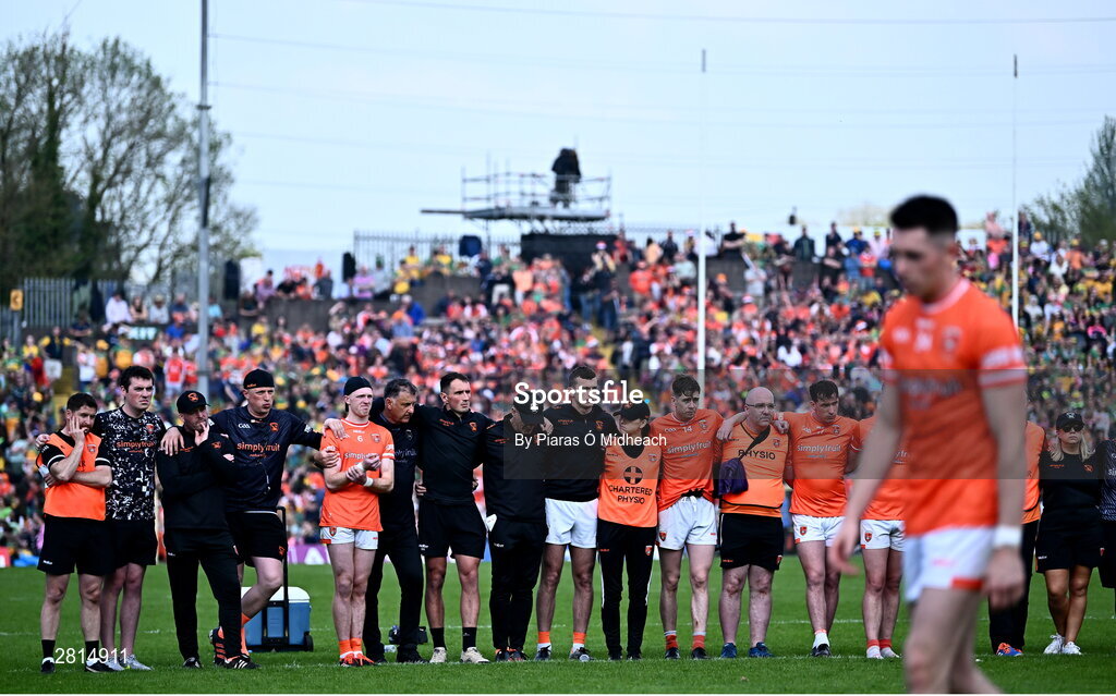 12 May 2024; Armagh players and backroom team during the penalty shoot-out of the Ulster GAA Football Senior Championship final match between Armagh and Donegal at St Tiernach's Park in Clones, Monaghan. Photo by Piaras Ó Mídheach/Sportsfile