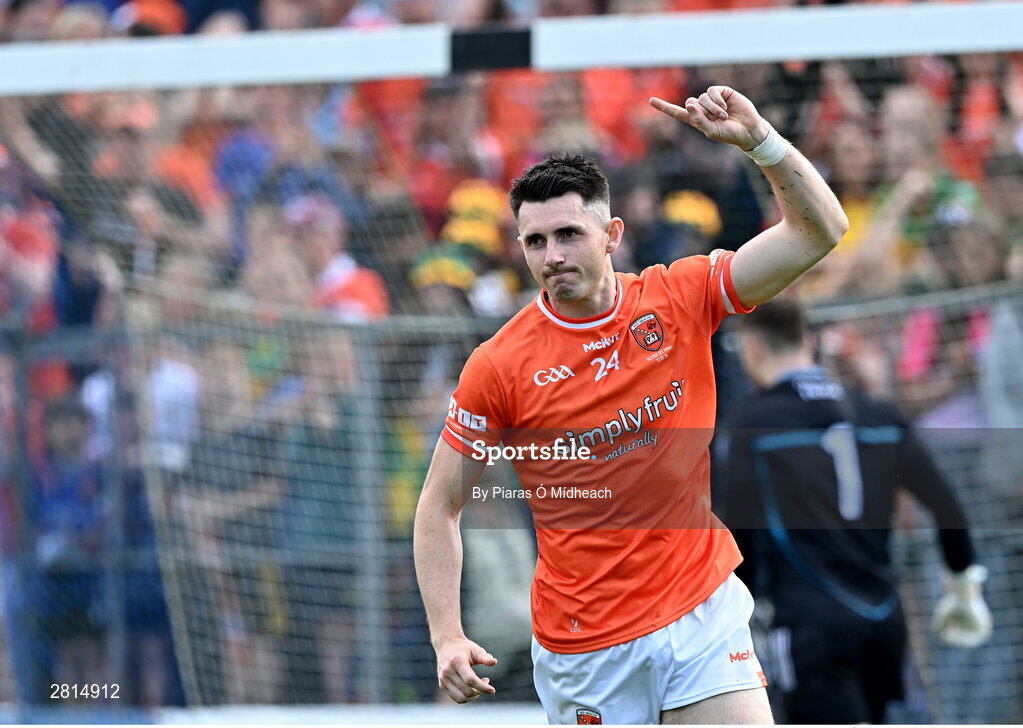 12 May 2024; Shane McPartlan of Armagh celebrates after scoring a penalty in the penalty shoot-out of the Ulster GAA Football Senior Championship final match between Armagh and Donegal at St Tiernach's Park in Clones, Monaghan. Photo by Piaras Ó Mídheach/Sportsfile