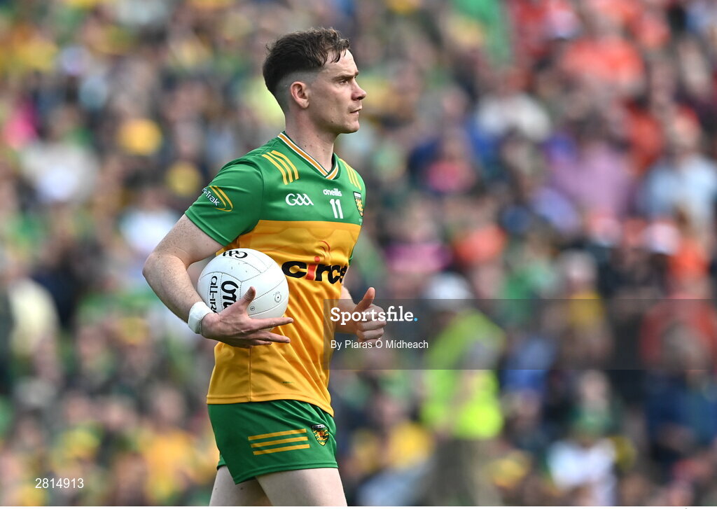 12 May 2024; Ciarán Thompson of Donegal makes his way to take a penalty in the penalty shoot-out of the Ulster GAA Football Senior Championship final match between Armagh and Donegal at St Tiernach's Park in Clones, Monaghan. Photo by Piaras Ó Mídheach/Sportsfile