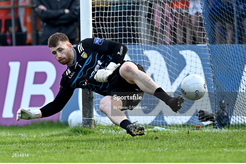 12 May 2024; Donegal goalkeeper Shaun Patton is beaten for a goal from a penalty from Tiernan Kelly of Armagh in the penalty shoot-out of the Ulster GAA Football Senior Championship final match between Armagh and Donegal at St Tiernach's Park in Clones, Monaghan. Photo by Piaras Ó Mídheach/Sportsfile