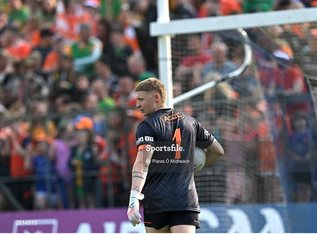 12 May 2024; Armagh goalkeeper Blaine Hughes before the start of the penalty shoot-out of the Ulster GAA Football Senior Championship final match between Armagh and Donegal at St Tiernach's Park in Clones, Monaghan. Photo by Piaras Ó Mídheach/Sportsfile