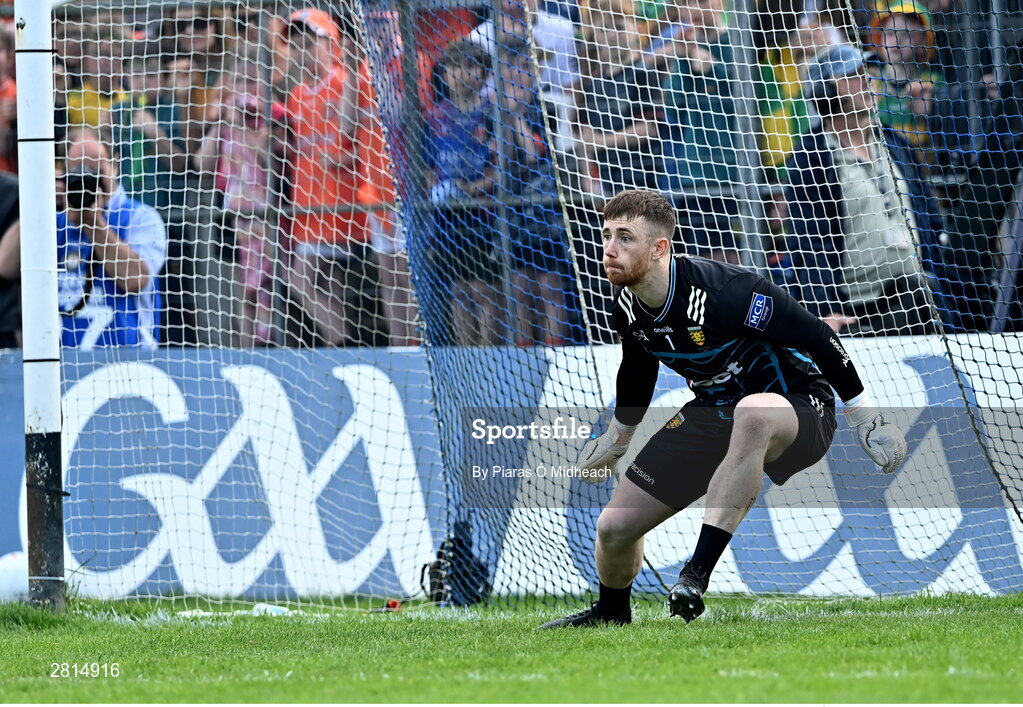 12 May 2024; Donegal goalkeeper Shaun Patton prepares to face a penalty in the penalty shoot-out of the Ulster GAA Football Senior Championship final match between Armagh and Donegal at St Tiernach's Park in Clones, Monaghan. Photo by Piaras Ó Mídheach/Sportsfile