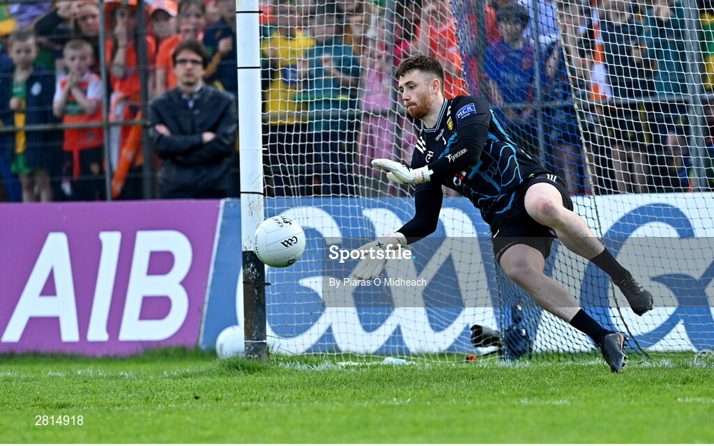 12 May 2024; Donegal goalkeeper Shaun Patton saves from Shane McPartlan of Armagh, the last penalty, in the penalty shoot-outof the Ulster GAA Football Senior Championship final match between Armagh and Donegal at St Tiernach's Park in Clones, Monaghan. Photo by Piaras Ó Mídheach/Sportsfile