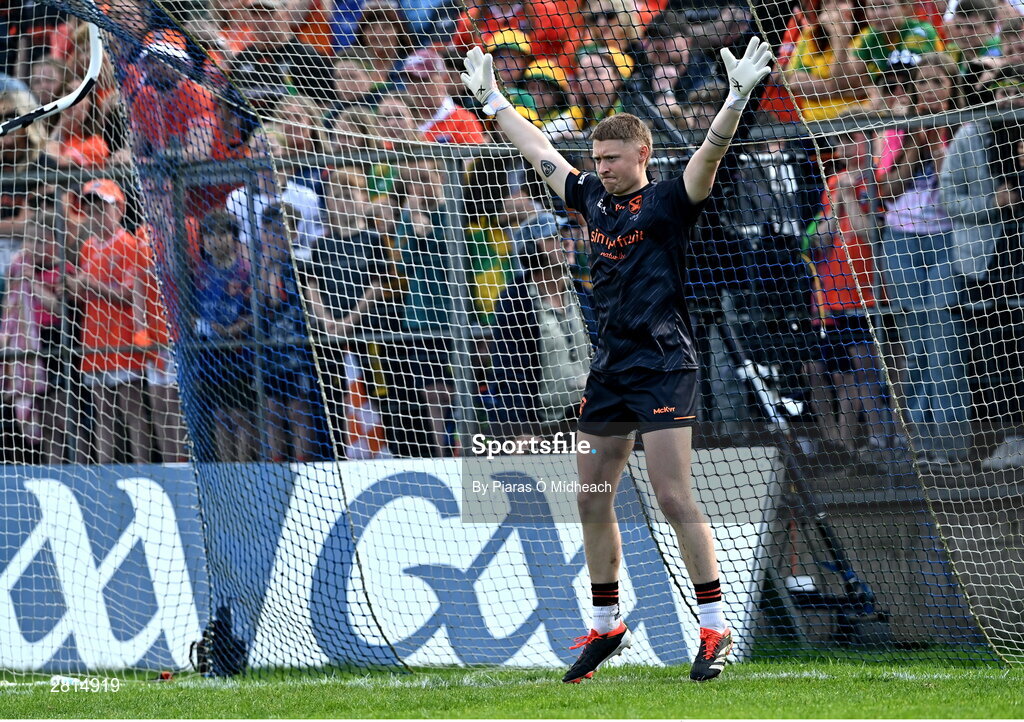 12 May 2024; Armagh goalkeeper Blaine Hughes prepares to face a penalty in the penalty shoot-out of the Ulster GAA Football Senior Championship final match between Armagh and Donegal at St Tiernach's Park in Clones, Monaghan. Photo by Piaras Ó Mídheach/Sportsfile