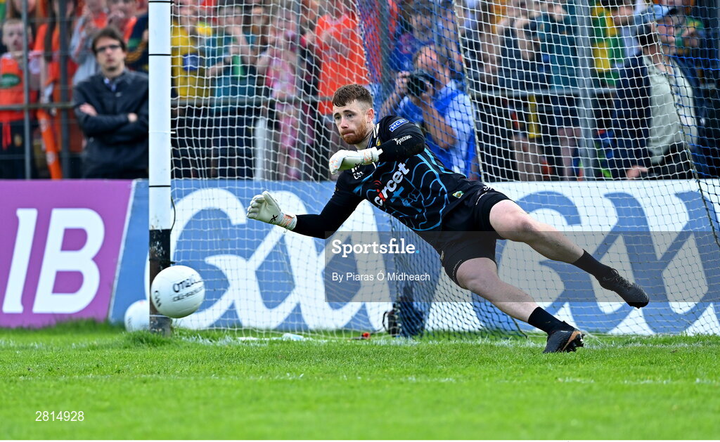 12 May 2024; Donegal goalkeeper Shaun Patton is beaten for a goal from a penalty by Oisin Conaty of Armagh during the penalty shoot-out of the Ulster GAA Football Senior Championship final match between Armagh and Donegal at St Tiernach's Park in Clones, Monaghan. Photo by Piaras Ó Mídheach/Sportsfile