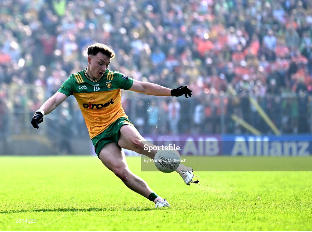 12 May 2024; Odhran Doherty of Donegal scores the last point in the second half of extra-time, to send the match to penalties, during the Ulster GAA Football Senior Championship final match between Armagh and Donegal at St Tiernach's Park in Clones, Monaghan. Photo by Piaras Ó Mídheach/Sportsfile