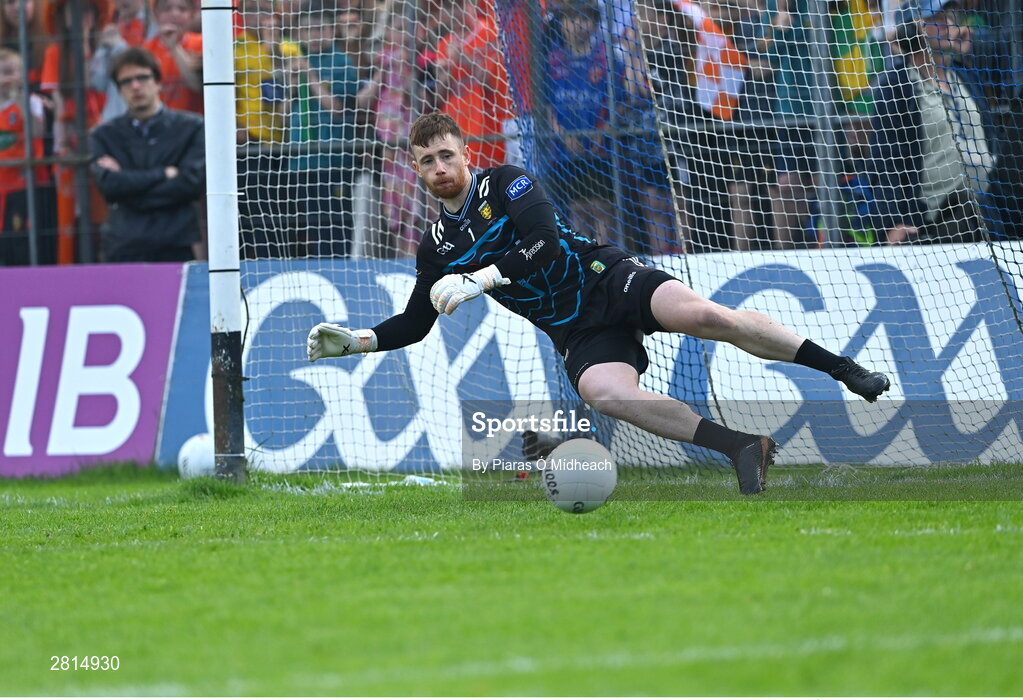 12 May 2024; Donegal goalkeeper Shaun Patton is beaten for a goal from a penalty by Conor Turbitt of Armagh during the penalty shoot-out of the Ulster GAA Football Senior Championship final match between Armagh and Donegal at St Tiernach's Park in Clones, Monaghan. Photo by Piaras Ó Mídheach/Sportsfile