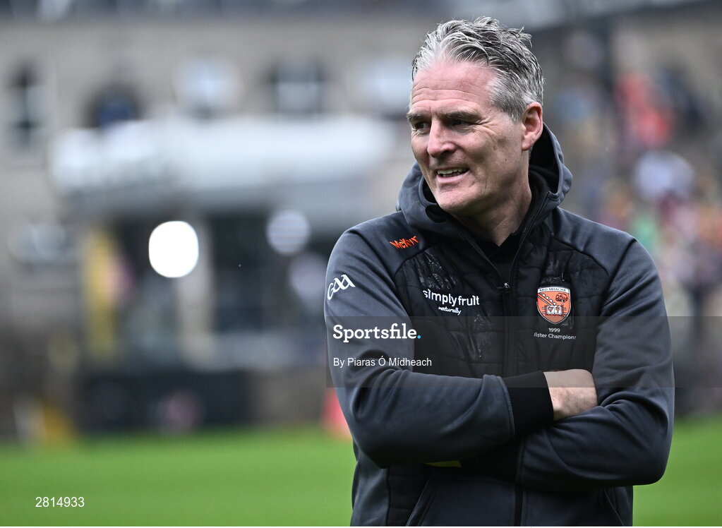 12 May 2024; Uachtarán Chumann Lúthchleas Gael Jarlath Burns on the pitch as his Armagh 1999 Ulster Football Senior Championship winning team were honoured at half-time in the Ulster GAA Football Senior Championship final match between Armagh and Donegal at St Tiernach's Park in Clones, Monaghan. Photo by Piaras Ó Mídheach/Sportsfile