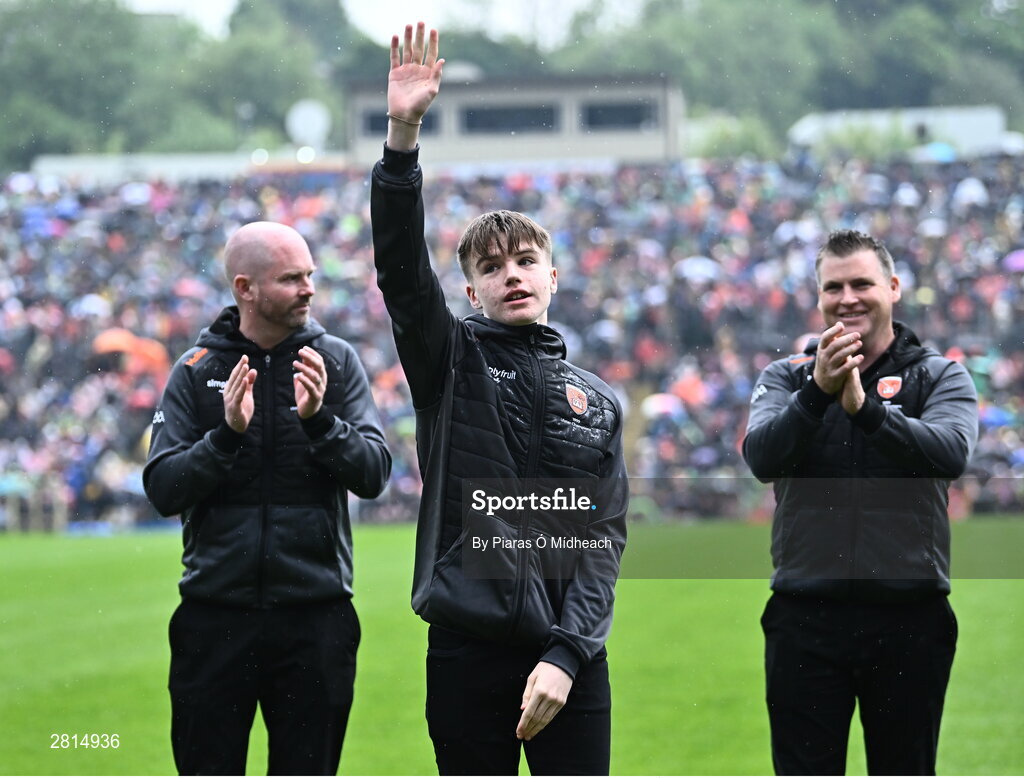 12 May 2024; Cian McGeeney representing his father Kieran McGeeney as his Armagh 1999 Ulster Football Senior Championship winning team were honoured at half-time in the Ulster GAA Football Senior Championship final match between Armagh and Donegal at St Tiernach's Park in Clones, Monaghan. Photo by Piaras Ó Mídheach/Sportsfile