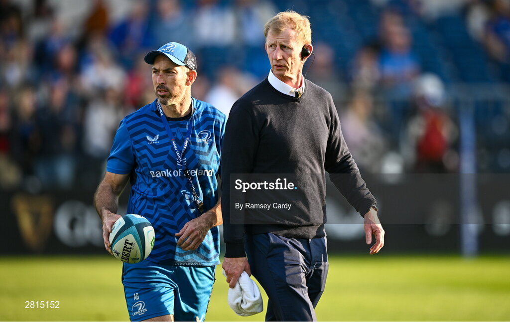 11 May 2024; Leinster head coach Leo Cullen, right, and Leinster backs coach Andrew Goodman before the United Rugby Championship match between Leinster and Ospreys at the RDS Arena in Dublin. Photo by Ramsey Cardy/Sportsfile