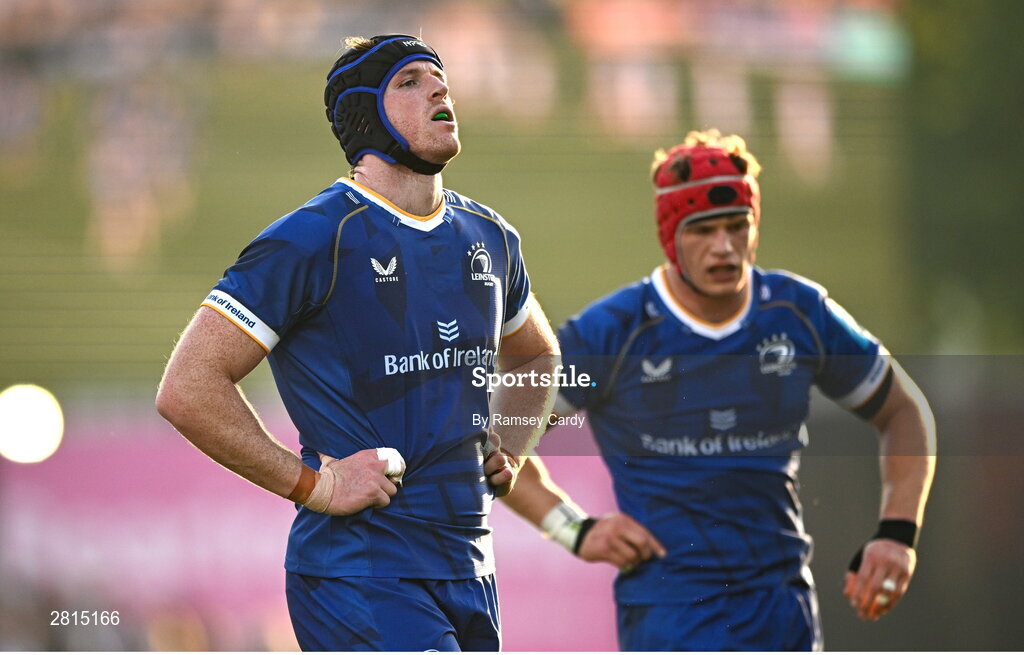 11 May 2024; Ryan Baird, left, and Josh van der Flier of Leinster during the United Rugby Championship match between Leinster and Ospreys at the RDS Arena in Dublin. Photo by Ramsey Cardy/Sportsfile