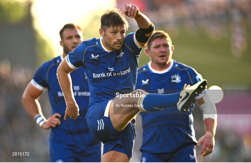 11 May 2024; Ross Byrne of Leinster during the United Rugby Championship match between Leinster and Ospreys at the RDS Arena in Dublin. Photo by Ramsey Cardy/Sportsfile