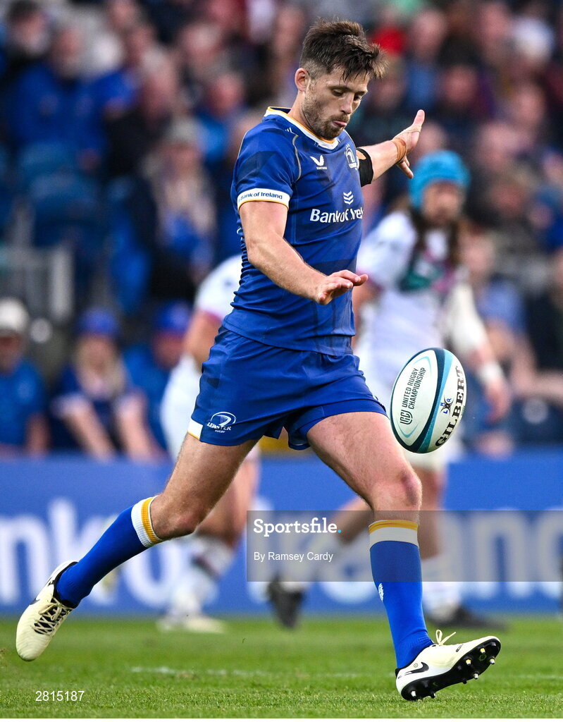 11 May 2024; Ross Byrne of Leinster during the United Rugby Championship match between Leinster and Ospreys at the RDS Arena in Dublin. Photo by Ramsey Cardy/Sportsfile