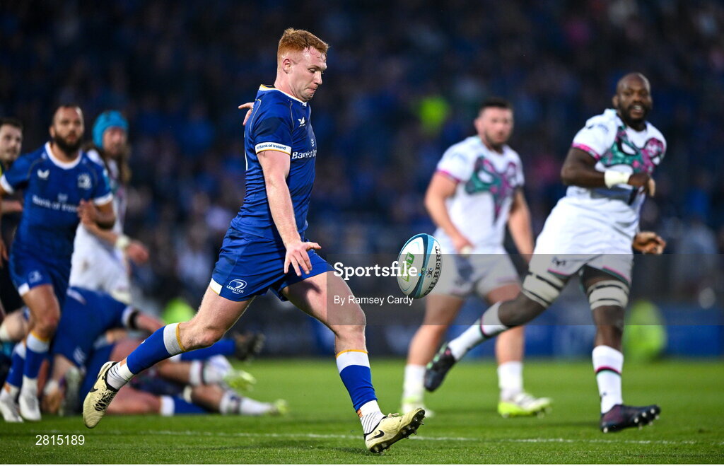 11 May 2024; Ciarán Frawley of Leinster during the United Rugby Championship match between Leinster and Ospreys at the RDS Arena in Dublin. Photo by Ramsey Cardy/Sportsfile