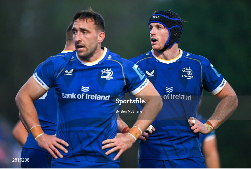 11 May 2024; Jack Conan, left, and Ryan Baird of Leinster during the United Rugby Championship match between Leinster and Ospreys at the RDS Arena in Dublin. Photo by Ben McShane/Sportsfile
