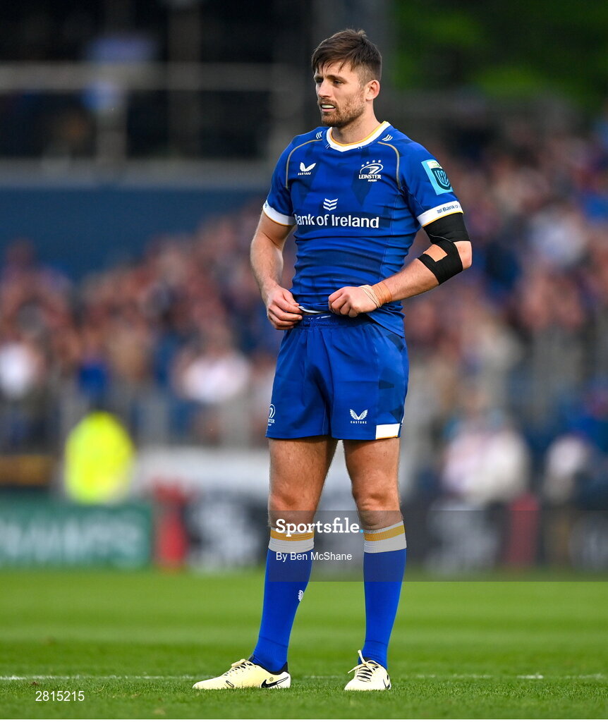 11 May 2024; Ross Byrne of Leinster during the United Rugby Championship match between Leinster and Ospreys at the RDS Arena in Dublin. Photo by Ben McShane/Sportsfile