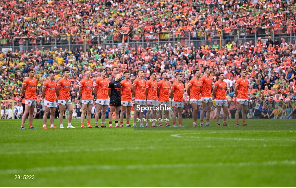 12 May 2024; The Armagh team during the Ulster GAA Football Senior Championship final match between Armagh and Donegal at St Tiernach's Park in Clones, Monaghan. Photo by Ramsey Cardy/Sportsfile