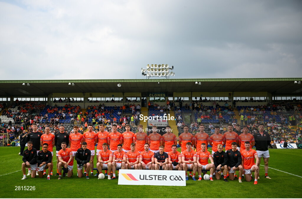 12 May 2024; The Armagh team before the Ulster GAA Football Senior Championship final match between Armagh and Donegal at St Tiernach's Park in Clones, Monaghan. Photo by Ramsey Cardy/Sportsfile