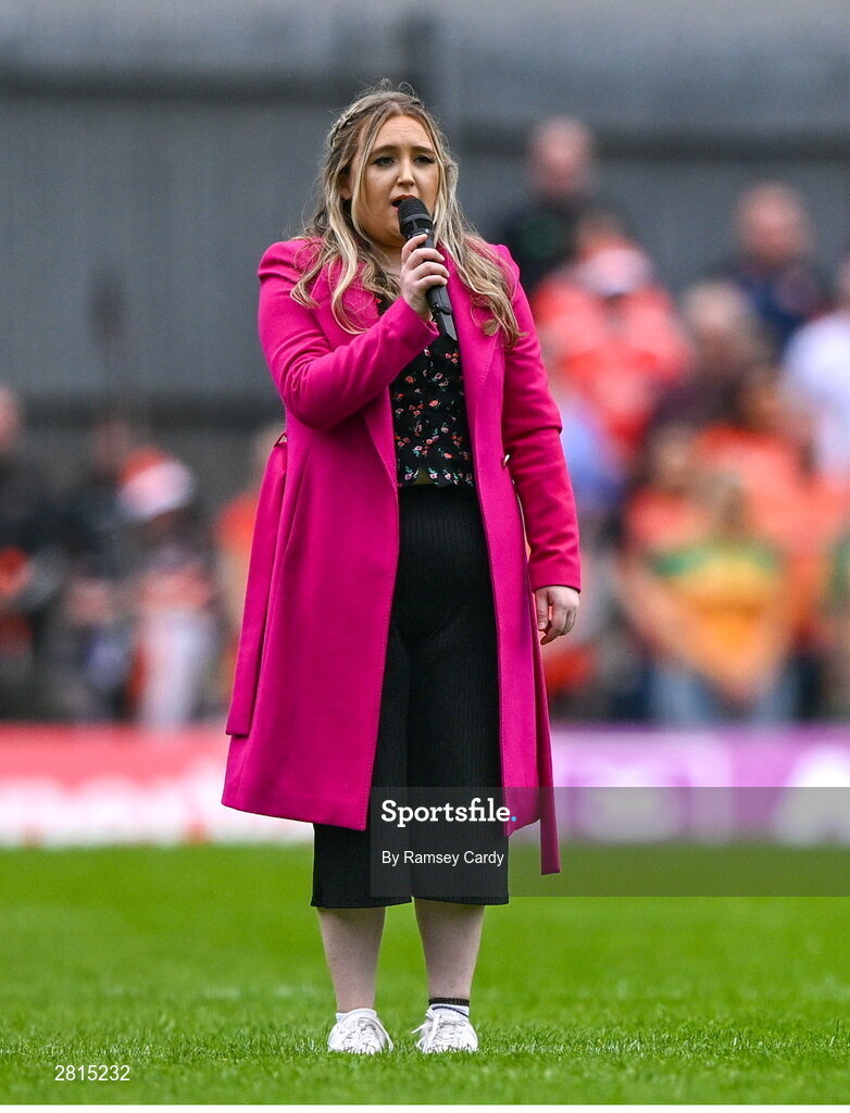 12 May 2024; Katie Boyle from Aghabog GFC sings the national anthem before the Ulster GAA Football Senior Championship final match between Armagh and Donegal at St Tiernach's Park in Clones, Monaghan. Photo by Ramsey Cardy/Sportsfile