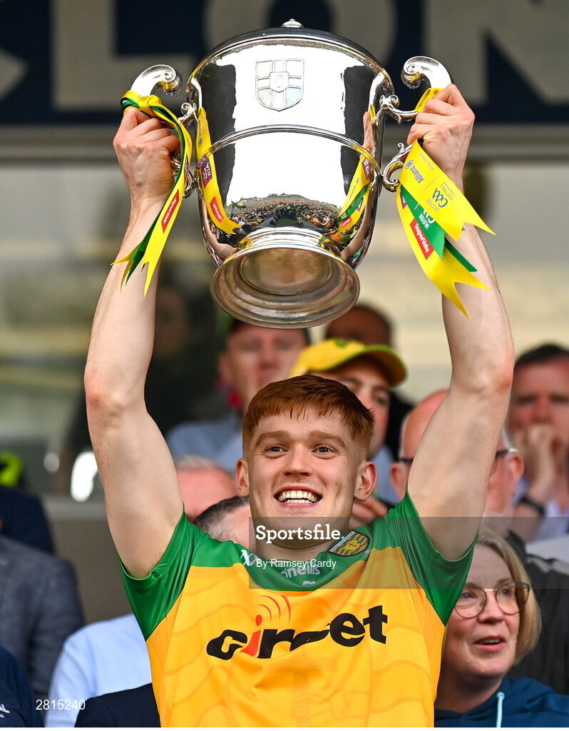 12 May 2024; Ciaran Moore of Donegal lifts the Anglo Celt Cup after the Ulster GAA Football Senior Championship final match between Armagh and Donegal at St Tiernach's Park in Clones, Monaghan. Photo by Ramsey Cardy/Sportsfile