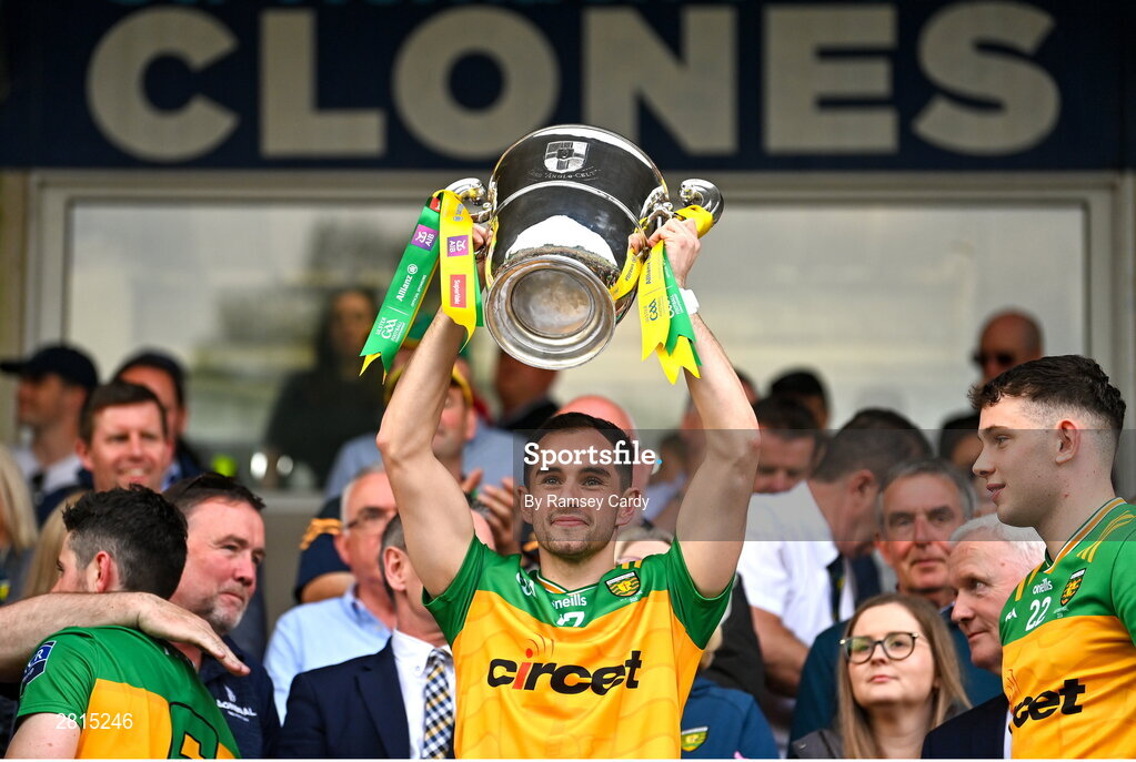 12 May 2024; Kevin McGettigan of Donegal lifts the Anglo Celt Cup after the Ulster GAA Football Senior Championship final match between Armagh and Donegal at St Tiernach's Park in Clones, Monaghan. Photo by Ramsey Cardy/Sportsfile