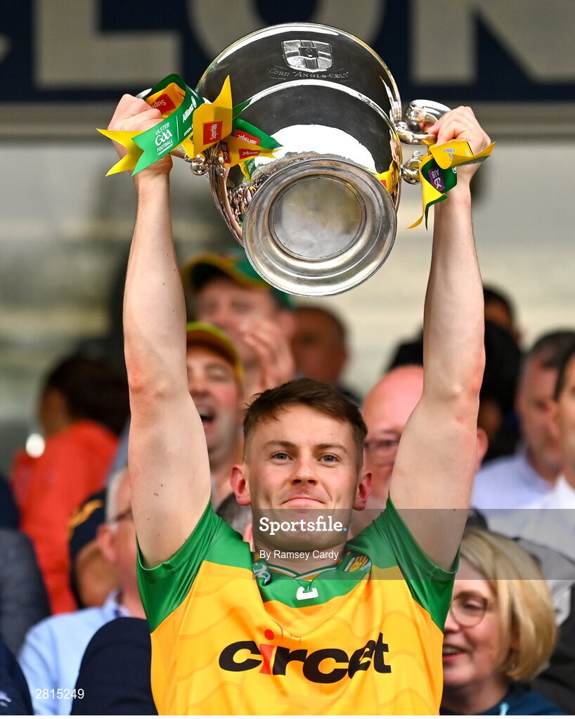12 May 2024; Mark Curran of Donegal lifts the Anglo Celt Cup after the Ulster GAA Football Senior Championship final match between Armagh and Donegal at St Tiernach's Park in Clones, Monaghan. Photo by Ramsey Cardy/Sportsfile