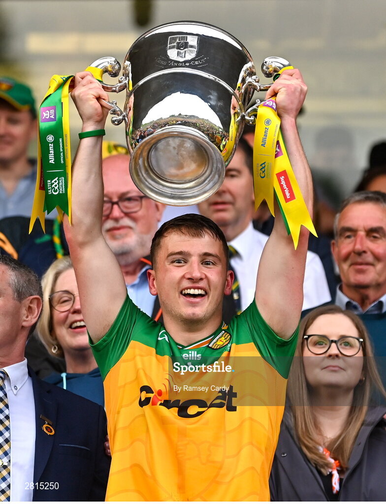 12 May 2024; Peadar Mogan of Donegal lifts the Anglo Celt Cup after the Ulster GAA Football Senior Championship final match between Armagh and Donegal at St Tiernach's Park in Clones, Monaghan. Photo by Ramsey Cardy/Sportsfile