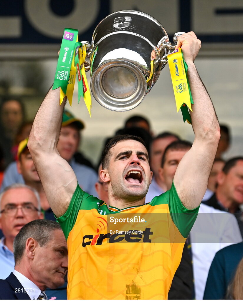 12 May 2024; Caolan McGonagle of Donegal lifts the Anglo Celt Cup the Ulster GAA Football Senior Championship final match between Armagh and Donegal at St Tiernach's Park in Clones, Monaghan. Photo by Ramsey Cardy/Sportsfile