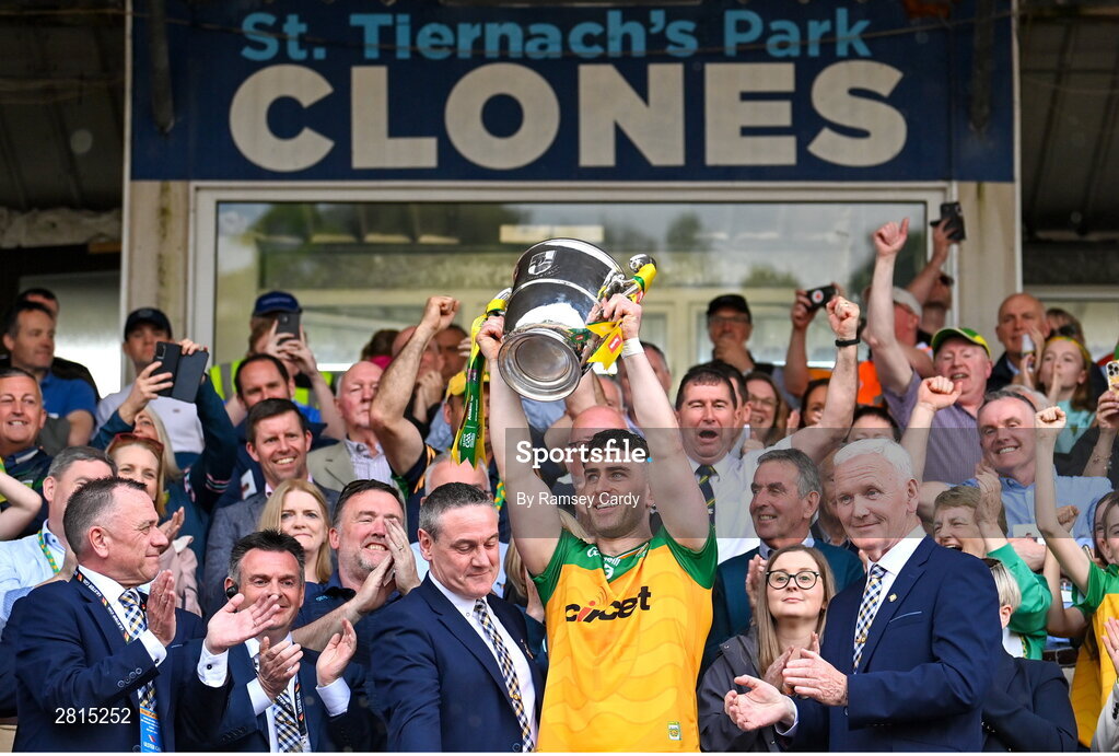 12 May 2024; Donegal captain Patrick McBrearty lifts the Anglo Celt Cup after the Ulster GAA Football Senior Championship final match between Armagh and Donegal at St Tiernach's Park in Clones, Monaghan. Photo by Ramsey Cardy/Sportsfile